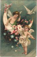 1907 Greeting card with angels and flowers. Art Nouveau, floral, Emb. litho (apró lyuk / tiny hole)