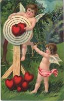 1912 Cupid with hearts, romantic greeting card. litho (szakadás / tear)