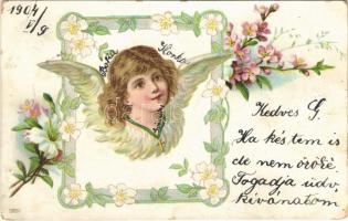 1904 Art Nouveau, floral, litho greeting card with angel (EB)