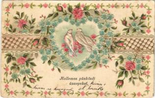 1902 Kellemes pünkösdi ünnepeket / Pentecost greeting card. Art Nouveau, floral, Emb. litho (EK)