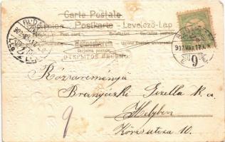 1902 Kellemes pünkösdi ünnepeket / Pentecost greeting card. Art Nouveau, floral, Emb. litho (EK)