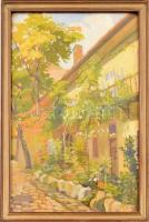 Jelzés nélkül: Napfényes udvar. Olaj, karton. Sérült fa keretben. 52×35 cm