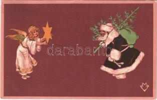 1909 Christmas greeting art postcard with Saint Nicholas. Emb. litho (apró lyuk / tiny pinhole)