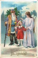 1913 Karácsonyi üdvözlet / Christmas greeting art postcard with Saint Nicholas and angel. litho (EK)