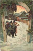 Christmas and New Year greeting art postcard, Emb. litho