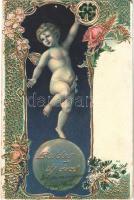 1912 Boldog Újévet! / New Year greeting art postcard, Art Nouveau, Floral, Emb. litho (apró lyuk / tiny pinhole)