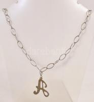 Ezüst (Ag) nagy szemű nyaklánc, kövekkel díszített A betűs medállal, jelzett, h: 49,5 cm, bruttó: 14...