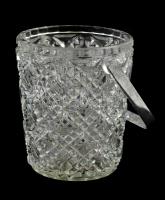Ólomkristály üveg jégtartó vödör, fém fogantyúval, apró kopásnyomokkal, m: 13 cm, d: 10,5 cm