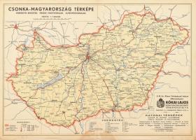 cca 1920-1930 Csonka-Magyarország térképe, vármegyei beosztás, összes vasútvonalak, autó-főútvonalak, 1: 1,150.000, Bp., M. Kir. Állami Térképészet, hajtott, kis foltos, 34x48 cm