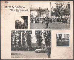 1936 Jászapáti, Frontharcos Szövetség motoros túraversenyének résztvevői áthaladnak Jászapátin, 4 db fotó kartonra ragasztva, 6×6 és 12×17 cm