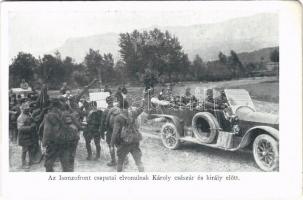 Az Isonzofront csapatai elvonulnak Károly császár és király előtt, automobil / WWI Austro-Hungarian K.u.K. military, troops of Isonzo pass by the automobile of Charles I of Austria