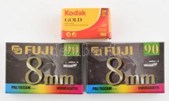 Kodak Gold filmtekercs + 2 db Fuji 8 mm videokazetta, használatlan, bontatlan csomagolásban