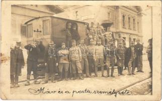 1916 Valjevo, MÁV és Posta személyzete a vasútállomáson, gőzmozdony / railway station, locomotive, staff of the Hungarian State Railways and Post. photo (fa)
