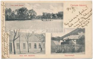 1913 Gutor, Hamuliakovo; Falu alatti részlet, nagyvendéglő, római katolikus népiskola. Feigelbaum Gyula kiadása / restaurant, school, lake