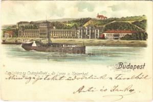 1902 Budapest II. Szt. Lukács és Császár fürdő, gőzhajó. litho (ázott / wet damage)