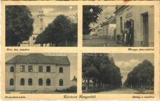 1943 Kenyeri (Vas), Római katolikus templom, Premontrei zárda, sétány a vasúthoz, Hangya üzlete, utca (EK)