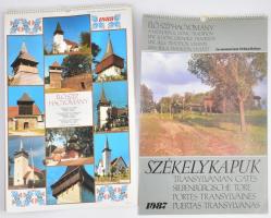1987-1988 Elő, szép hagyomány. 2 db erdélyi tájakat székelykapukat ábrázoló fali naptár. 34x50 cm