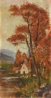 Olvashatatlan jelzéssel: Ház a fák között. 1925 körül. Olaj, karton. 53x36 cm