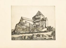 Sulyok Gabriella (1939-): Simontornya, vár a XIII. sz.  Rézkarc, karton, jelzett. 30x40 cm