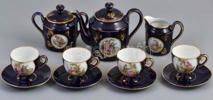 Ilmenau barokk jelenetes porcelán mokkás készlet, 4 személyes, kézzel festett/matricás, jelzett, kis kopással