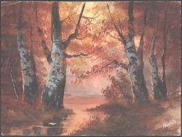 Olvashatatlan jelzéssel: Őszi erdő. Olaj, papír, törésnyomokkal, 24,5x33 cm