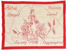 cca 1920-40 Irredenta hímzett konyhai falvédő Nagy-Magyarország térképpel, Adtuk könnyel, vesszük vérrel, lesz még szőllő, lágy kenyérrel felirattal, apró foltokkal, 55x70 cm