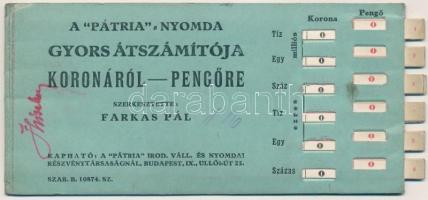 ~1926. A Pátria Nyomda gyors átszámítója Pengőről Koronára, illetve Koronáról Pengőre (kétoldalas), 8x15,5 cm