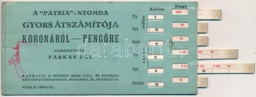 ~1926. A "Pátria" Nyomda gyors átszámítója Pengőről Koronára, illetve Koronáról Pengőre (k...
