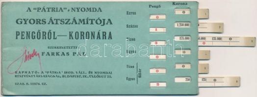 ~1926. A "Pátria" Nyomda gyors átszámítója Pengőről Koronára, illetve Koronáról Pengőre (k...