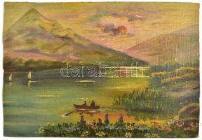 Jelzés nélkül: Csónakázás naplementekor. Olaj, vászon, kartonon. 21x30 cm