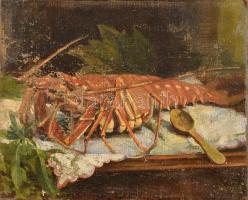 Pichler Pál (1885-1918): Csendélet homárral, 1905-10 körül. Olaj, vászon, sérült. Hátoldalán korabeli címkén feliratozott 34,5x42,5 cm