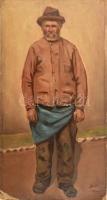 Deák 1905 jelzéssel: Mesterember portréja. Olaj, vászon, kartonra kasírozva. Sarkaiban kissé sérült. 52x28 cm
