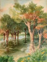 Veress Elemér (1876-1959): Ordas (Dunaparti táj), 1925. Akvarell, papír, jelzett, 46×35 cm