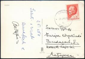 1969 Beck Anna saját kézzel írt üdvözlő képeslapja Szekeres György (1914-1973) újságíró, műfordító, az Európa Kiadó irodalmi szerkesztőjének részére, a férje Beck János (1915-2001) diplomata, nagykövet saját kezű aláírásával.