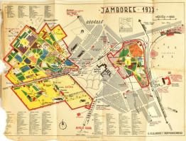 1933 Gödöllő, a Jamboree színes térképe, 1:6000, kiadja: Athenaeum, hajtásnyommal, az bal szélén hiánnyal, sérüléssel, foltos, 41×54 cm