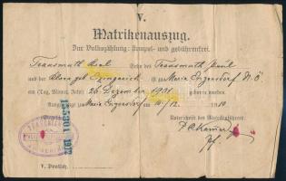 Ausztria Maria Enzersdorf 1910 Anyakönyvi kivonat, hátoldalán osztrák okmánybélyegek és 1913-as magyar belügyminisztériumi feljegyzés