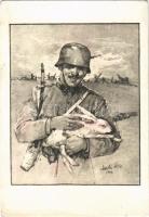 Második világháborús magyar katona nyúllal. Húsvét / WWII Hungarian military Easter art postcard (EK)