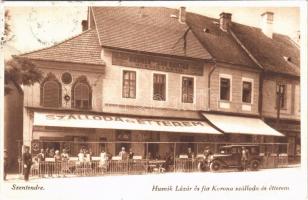 1939 Szentendre, Husvik Lázár és fia Korona szállodája, étterem, Dreher sörök, pincérek, automobil. Hátoldalon reklám
