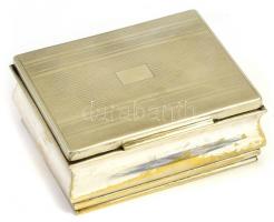 Alpakka dobozka, fa betéttel, néhány bizsuval, kopásnyomokkal, 11×9×5 cm