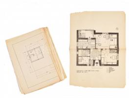cca 1950-70 Lakóházak sokszorosított tervrajzai, homlokzati látványtervei, össz. 39 db, részben sérült, 19,5x27 és 41,5x57 cm közötti méretben