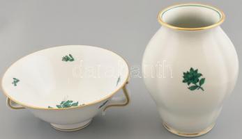 Augarten Wien zöld virágmintás porcelán váza és tál, kézzel festett, jelzett, minimális kopással, m: 17 cm, d: 18,5 cm