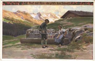 Auf der Alm - da gibts koa Sünd. Volksliederkarten von Paul Hey. Nr. 90. / Tyrolean art postcard s: Paul Hey (EK)