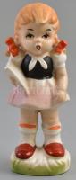 Porcelán kislány figura, kézzel festett, jelzés nélkül, kis mázhibával, kis kopásnyomokkal, m: 14,5 cm