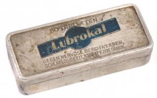 cca 1930-1940 Lubrokal fém gyógyszeres doboz, insomnia elleni gyógyszer doboza, kopásnyomokkal, 3,5×8 cm
