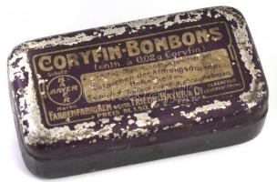 cca 1930-1940 Bayer Coryfin-Bonbons gyógyszeres fém doboz, kopásnyomokkal, 3,5×7 cm