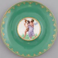 Epiag mitológiai jelenetes porcelán mokkás csésze és alj. Matricás, jelzett, kis kopással, d: 12 cm,...