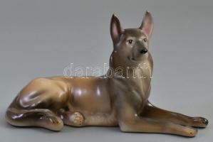 Drasche német juhász kutya szobor. Kézzel festett, jelzett, apró mázhibával. h: 20 cm, m: 12 cm