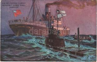 1915 Ein deutsches U-Boot versenkt einen engl. Dampfer / WWI German Navy (Kaiserliche Marine) art postcard, U-11 submarine sinks an English steamer. M. Munk Wien Nr. 989. s: Alex Kircher (EK)