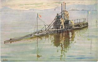 Franz. Unterseeboot Anguille Marine-Galerie Nr. 189. / WWI French Navy art postcard, submarine