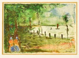 Hermann Zoltán (1954-): Tópart. Akvarell, tus, papír. Jelzett. Üvegezett fa keretben, 16×22 cm